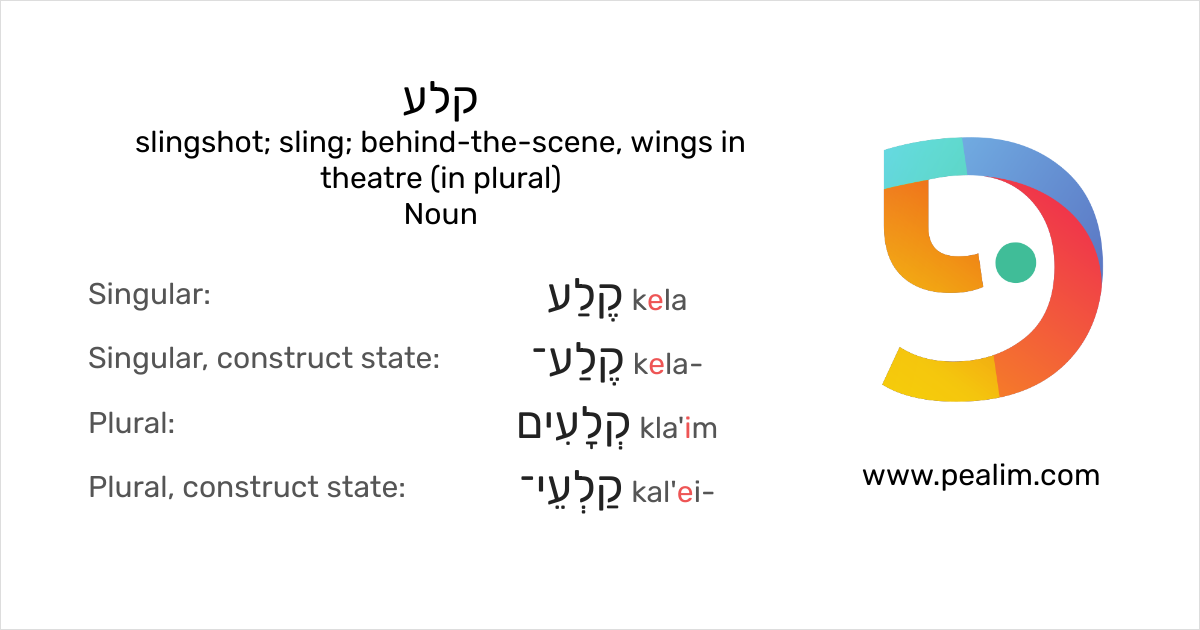 קלע slingshot; sling; behindthescene, wings in theatre (in plural
