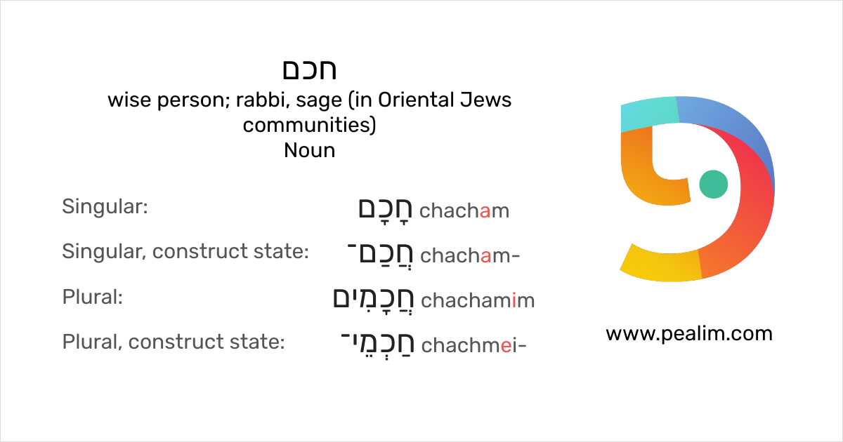 חכם wise person; rabbi, sage (in Oriental Jews communities) Hebrew